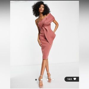 ASOS DESIGN peekaboo shoulder tuck midi pencil dress in rose